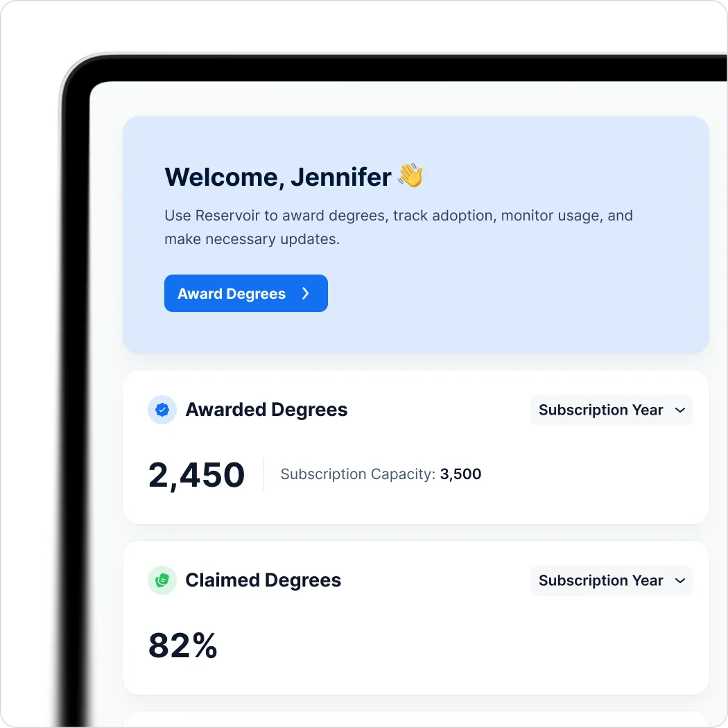Reservoir university admin portal dashboard for awarding and tracking degrees