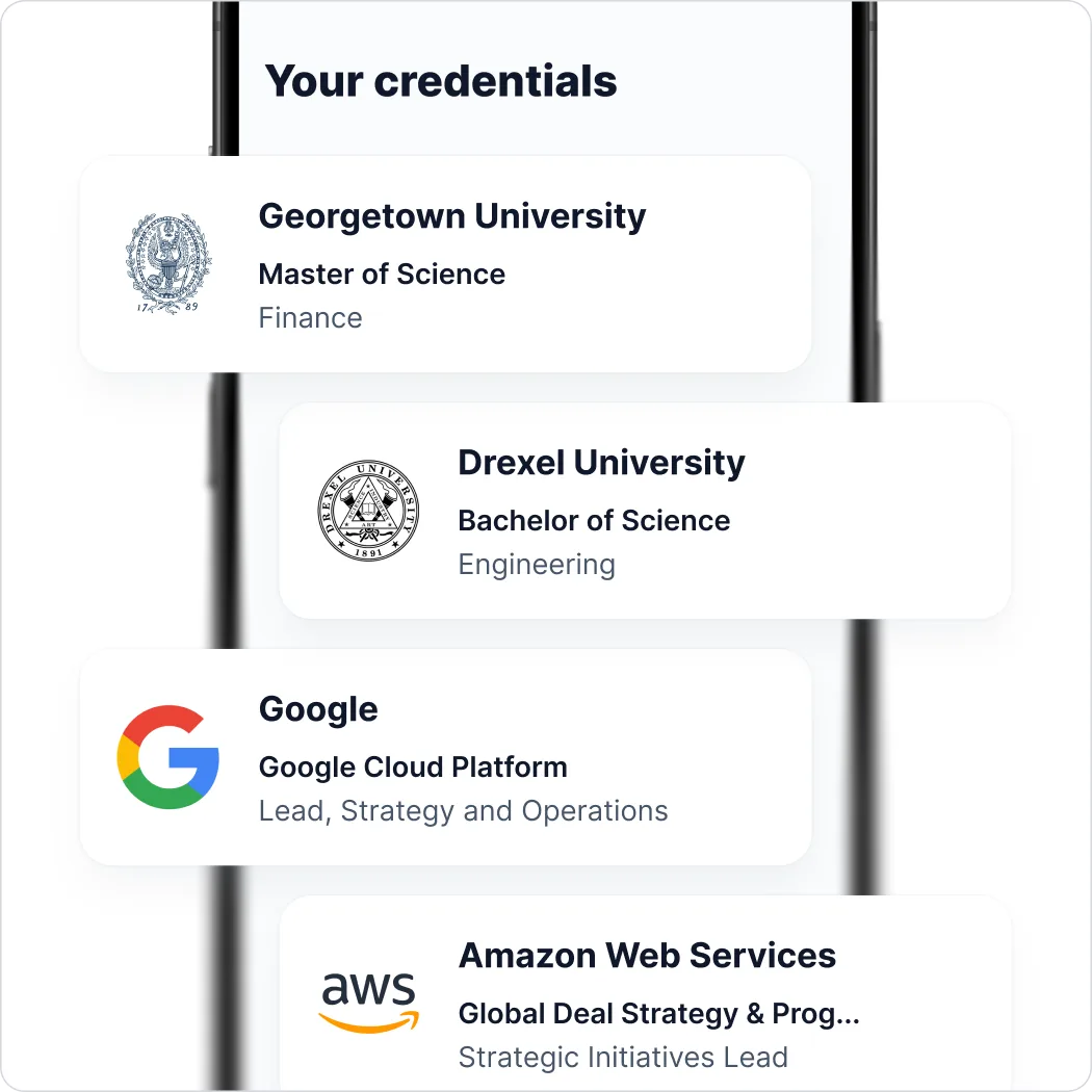 Reservoir student mobile app showing a wallet of verified academic credentials