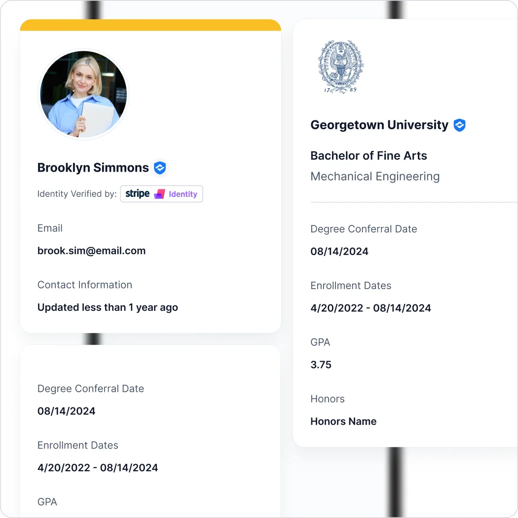 Reservoir employer verification view of a student's verified Georgetown credential