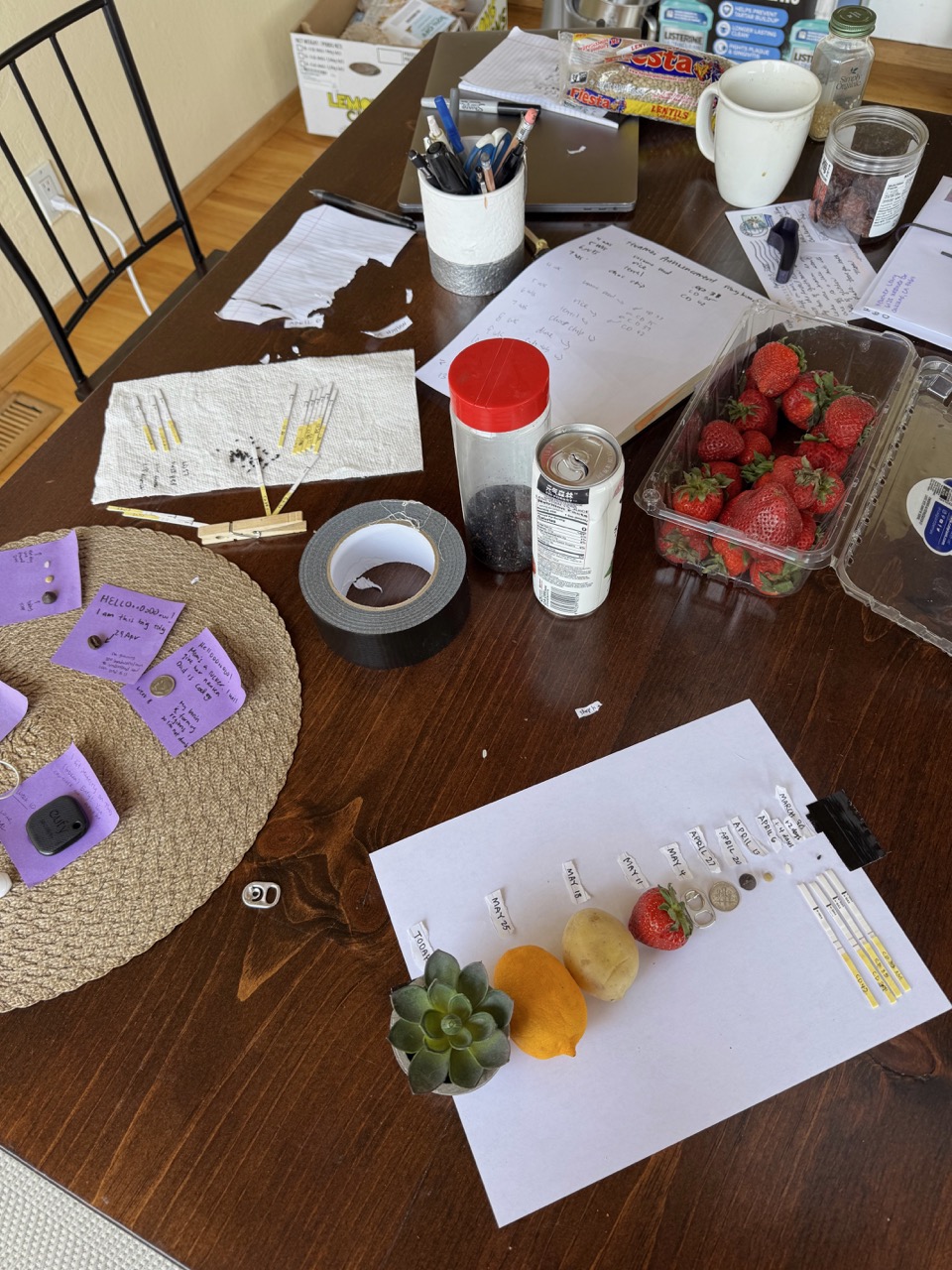 a dining table filled with stickies, fruits, and a sheet of paper with a line up of fruits