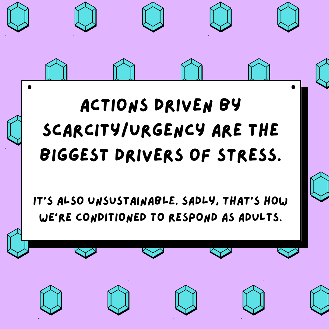 A sign that says "Actions Driven by Scarcity/Urgency are the Biggest Drivers of Stress."