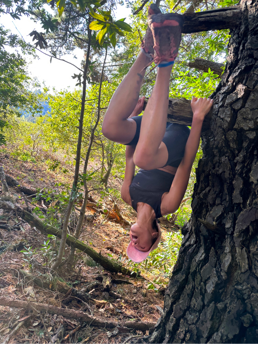 A woman is hanging from a tree branch.