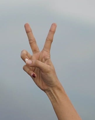 a person making a peace sign with their hand