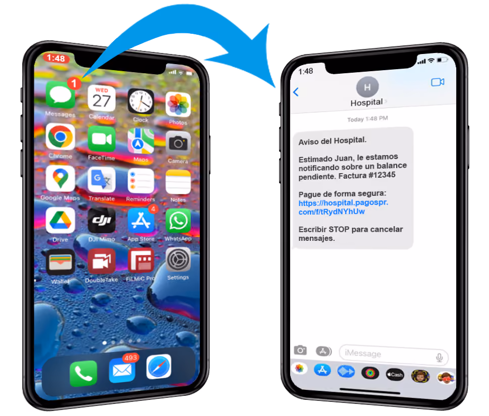 dos imagenes  de telefonos con una flecha representando una notificacion de texto viajando.