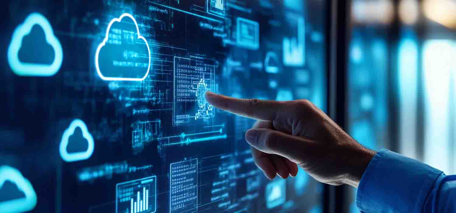 IT consultant pointing at cloud architecture diagrams during a cloud strategy planning session