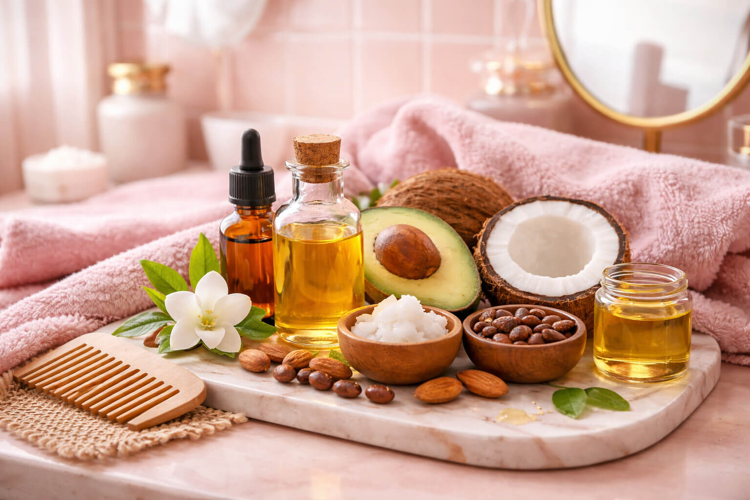 Huile végétale de soin appliquée sur les longueurs des cheveux