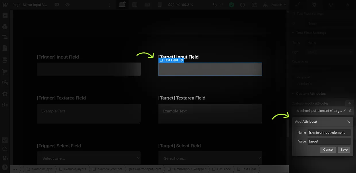 how to add mirror input target attribute