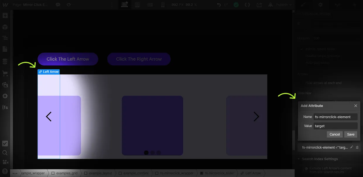 how to add mirrorclick target attribute