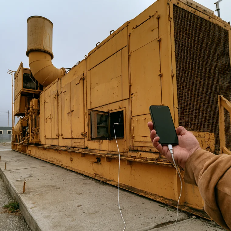 A hand holding a smartphone plugged by a single charging cable into an enormous industrial diesel generator - a deliberately absurd amount of power for the job.