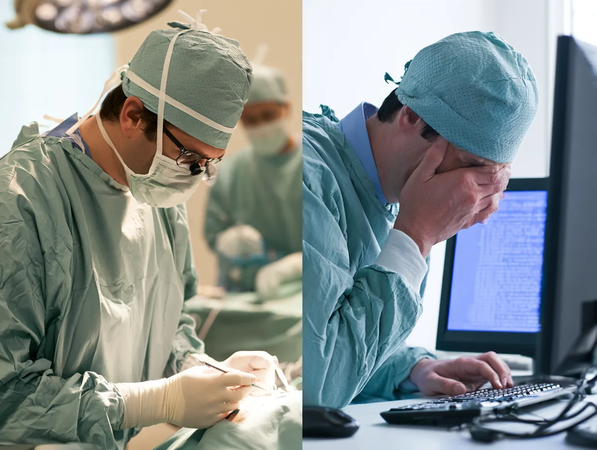 Two photographs side by side: on the left a surgeon in scrubs operating with complete concentration, on the right the same surgeon at a desk with his head in his hand, defeated by a computer.
