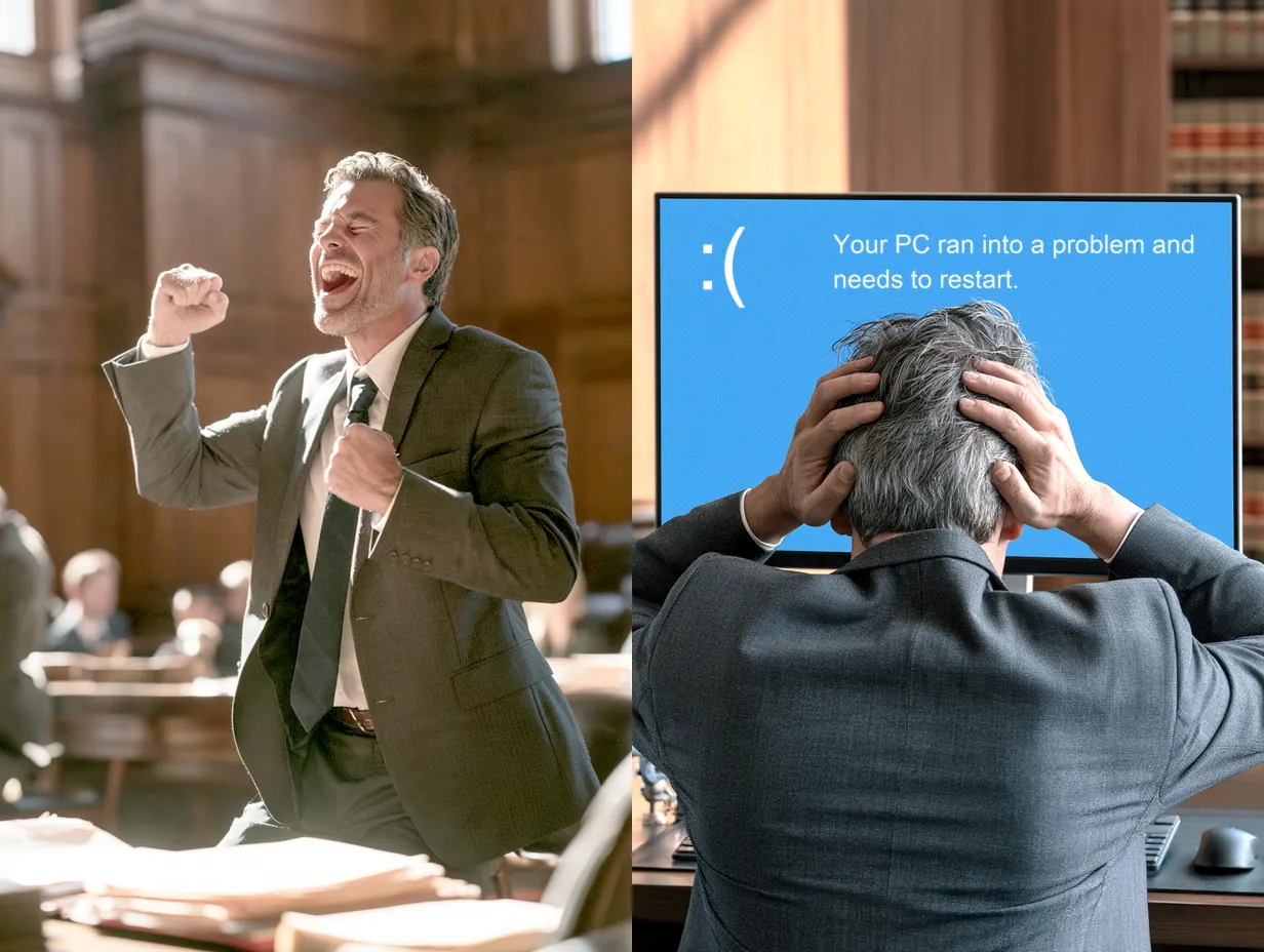 Two photographs side by side: on the left an attorney punching the air in triumph after winning in court, on the right the same attorney at his desk with both hands on his head, facing a monitor showing a blue error screen.