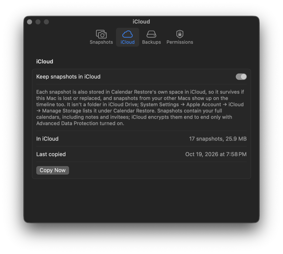 Calendar Restore settings for keeping snapshots in your own iCloud