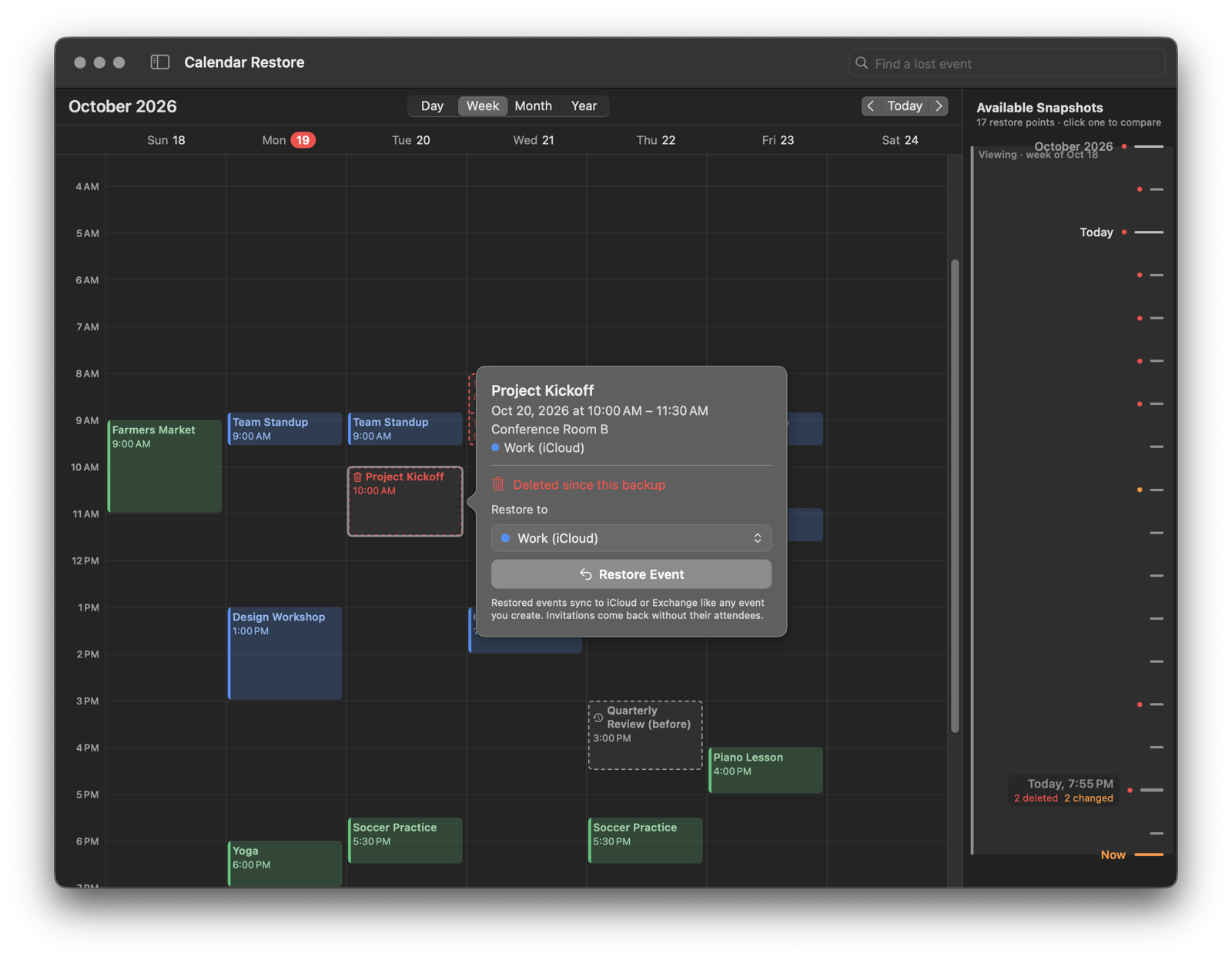 Calendar Restore restoring a deleted event named Project Kickoff