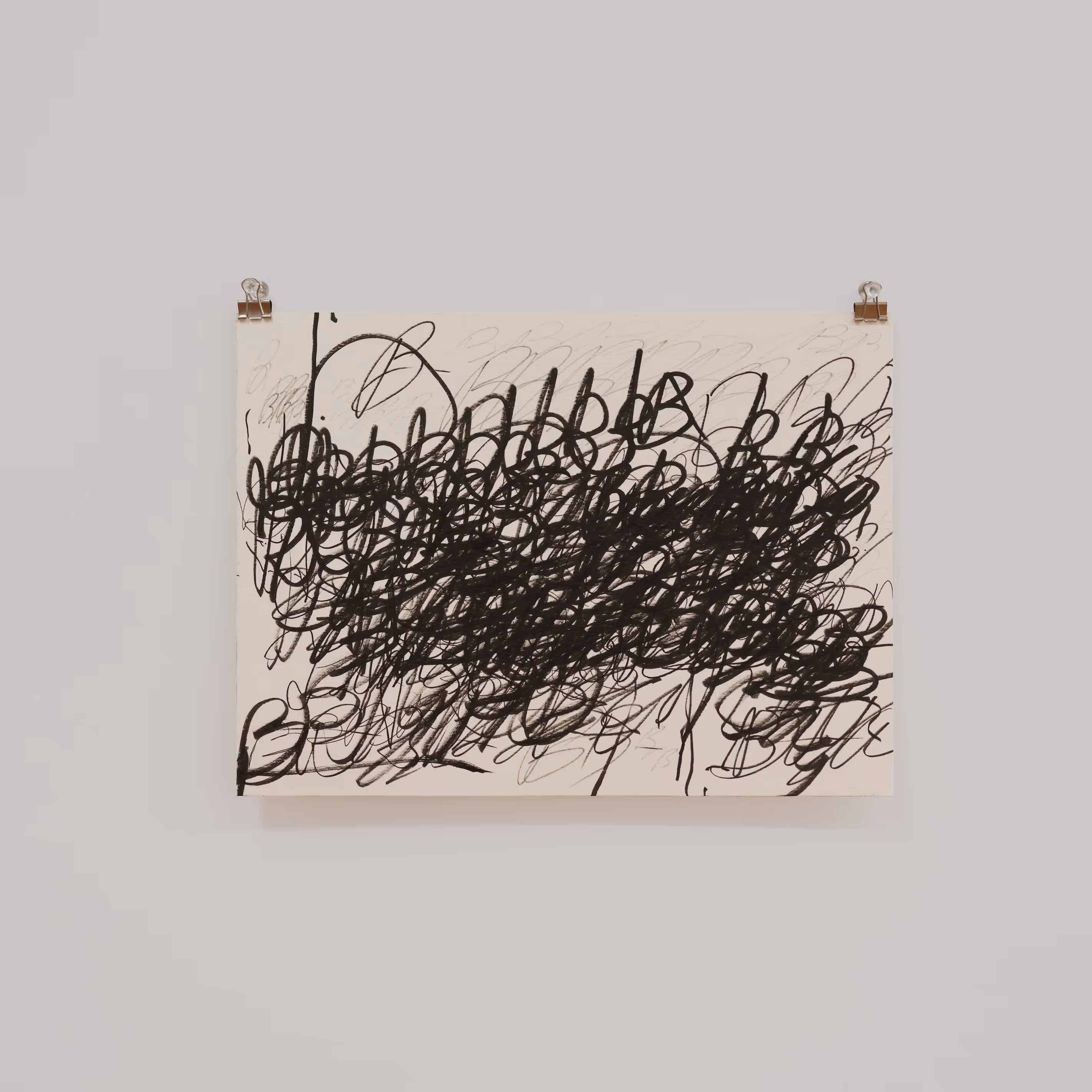 An artwork hung on a gallery wall, featuring scribbled, layered handwriting.