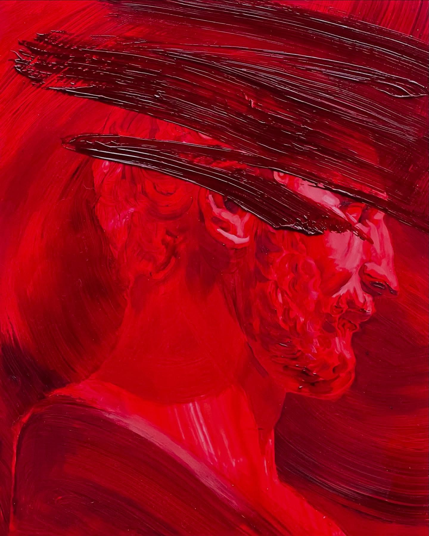 A painting of a bust of sculpture in crimson and smeared red.