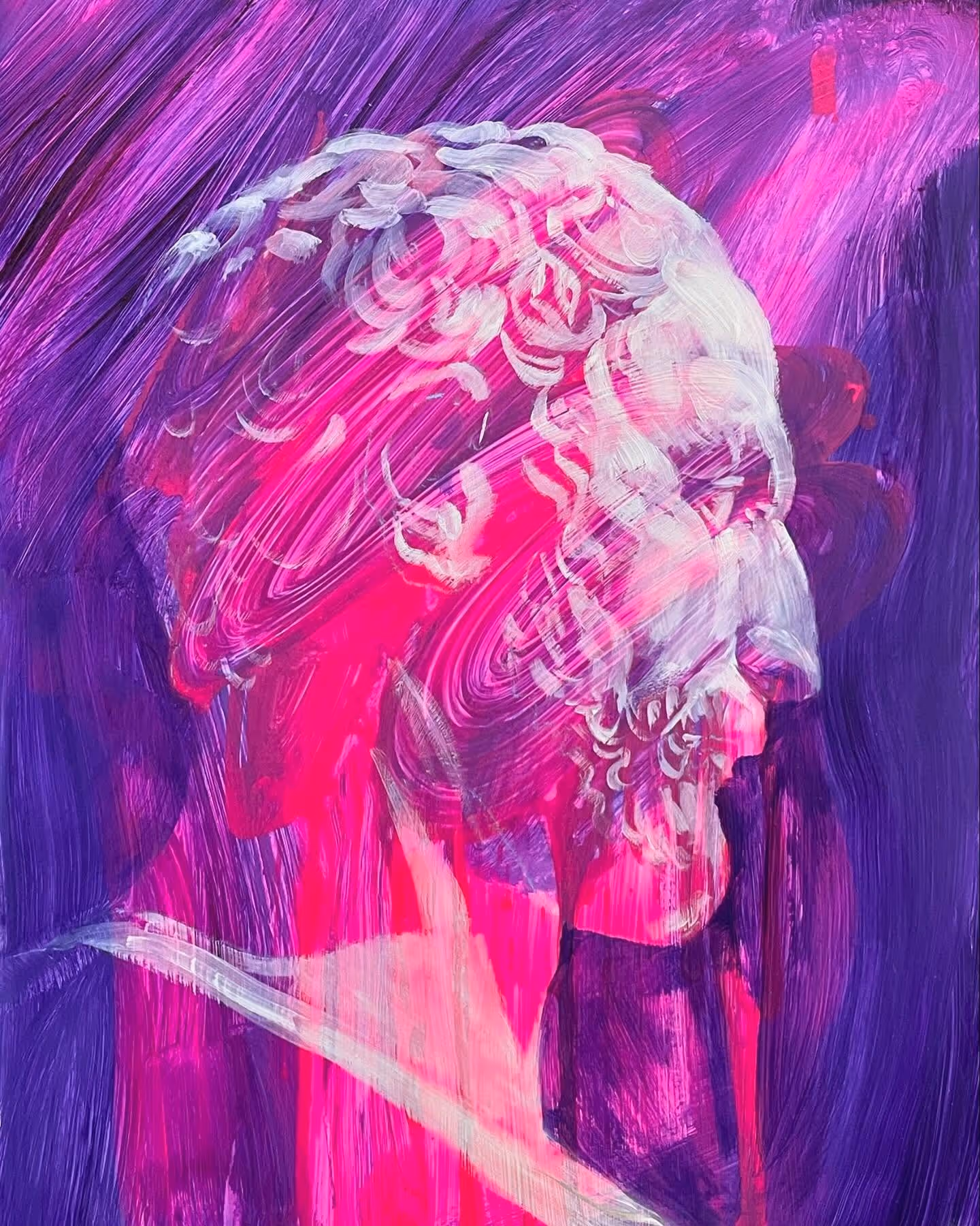 A painting of a bust of sculpture in neon pink and purple.