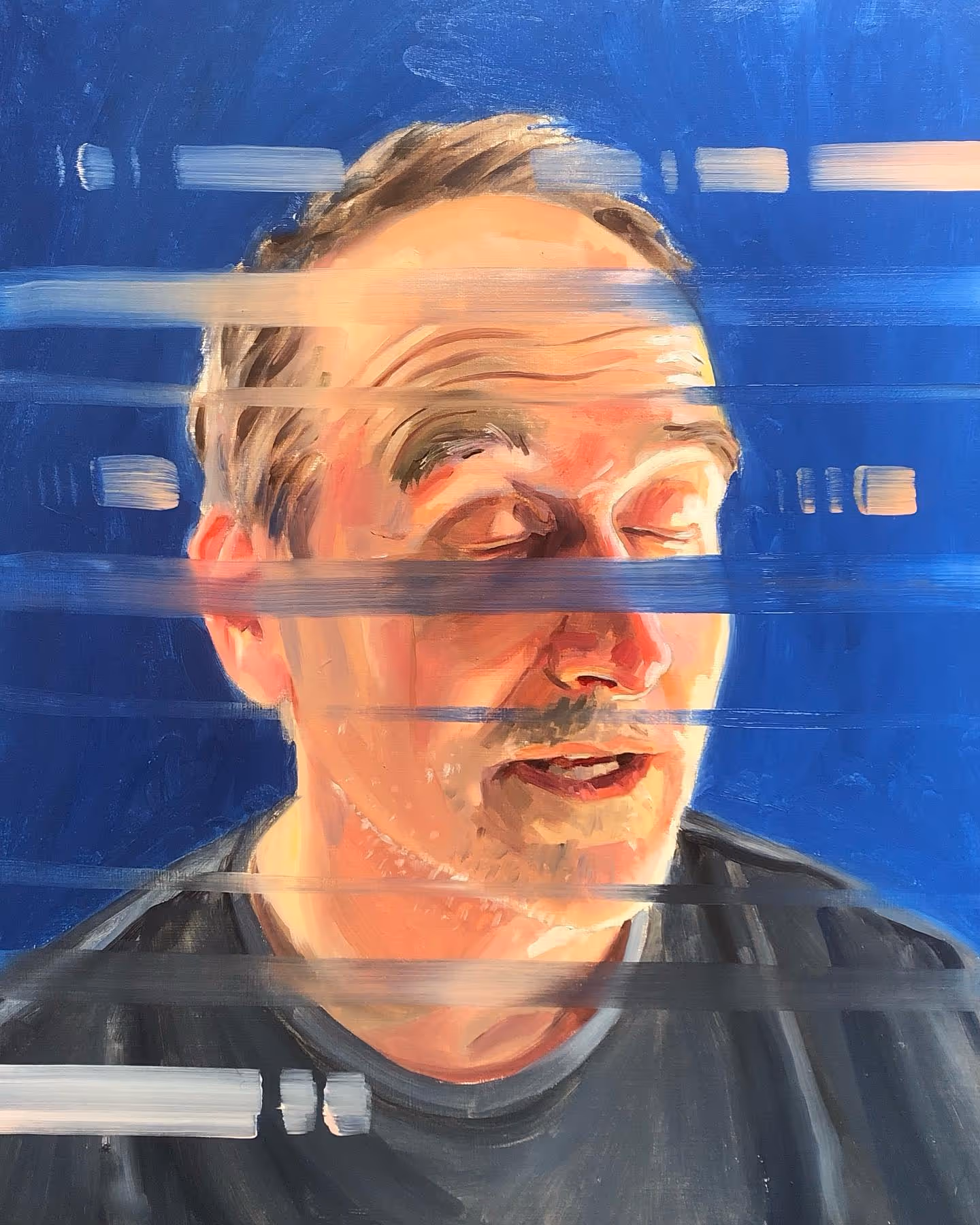 A painting of a light skinned person stammering with the eyes closed and mouth open. Bright orange paint is smeared across the canvas.