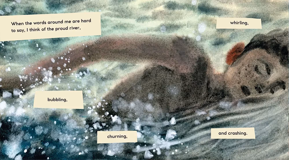 An illustration of a young person swimming through water.