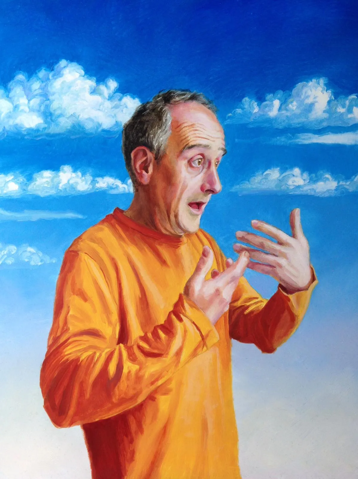 An self-portrait oil painting of the artist stammering. His eyes and mouth are wide open, with his eyebrows raised. His hands are pointing towards his chest. He is a middle-aged man with light skin and short, balding hair. He is wearing a bright orange jumper an dthe background features a blue sky with white puffy clouds.