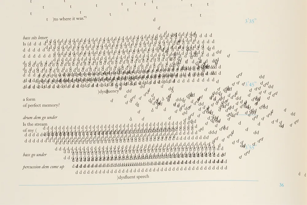 A close-up photograph of a page of The Clearing publication. Black and blue typography are on a beige-coloured background. There are moments where the black typography repeats erraticly across the composition: the letter 'd' is scattered and overlaps multiple times. All the typography is the same size.