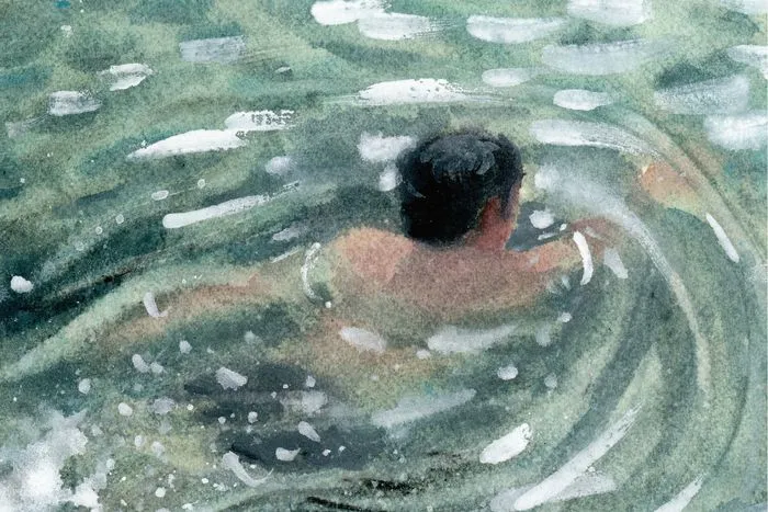 A watercolour painting of a young boy swimming in water. He is swimming away, his back turned and face not visible. He has black hair and white skin. Around him are swirls of white, teal and green-painted water.