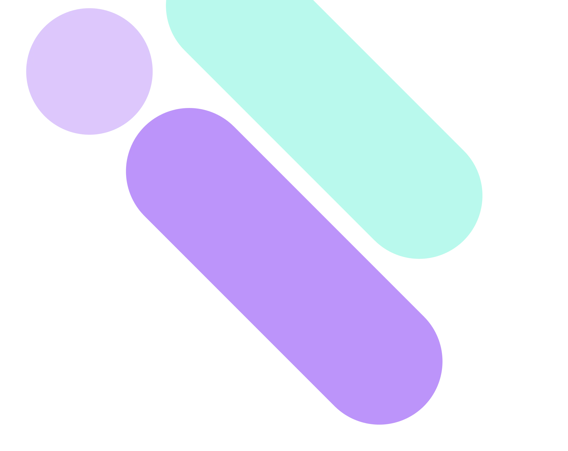 Stylized logo with a large purple rounded rectangle pointing down-left, a smaller mint green rounded rectangle pointing up-right, and a lavender circle in the top left.