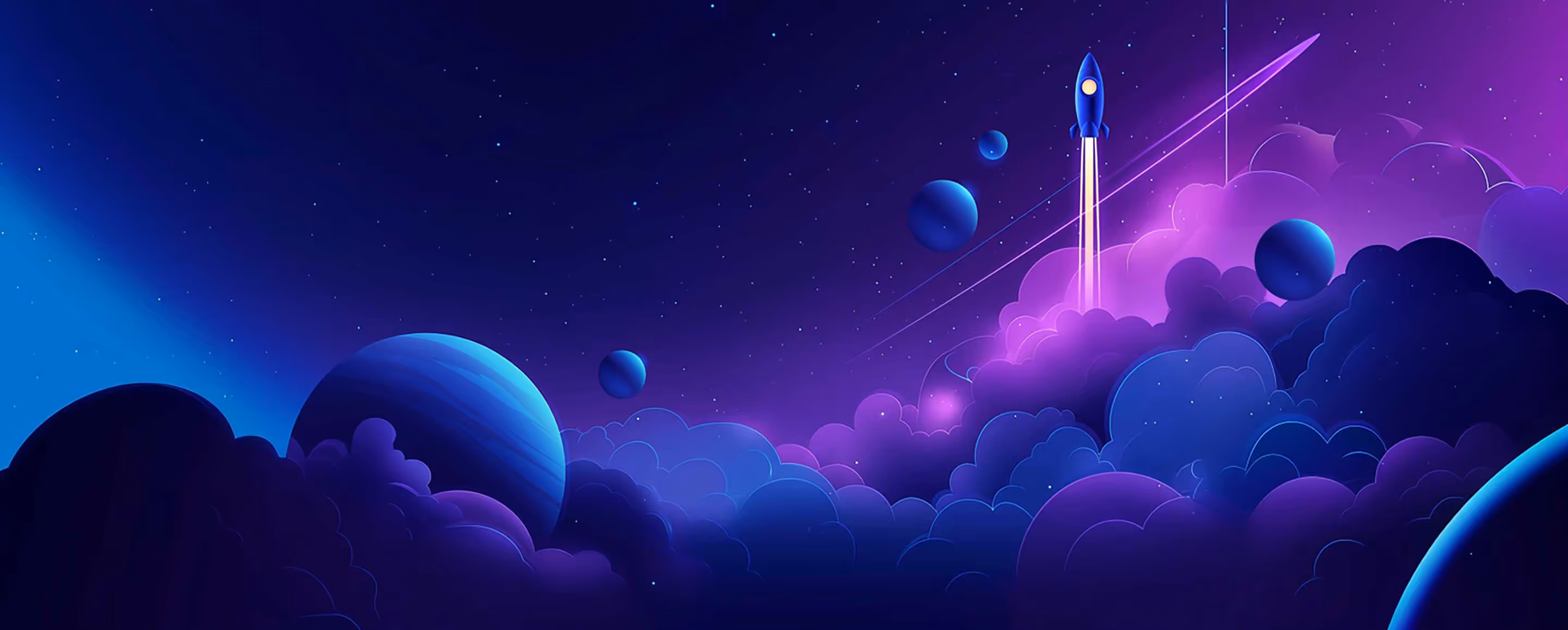 Digital illustration of a blue rocket launching through purple clouds in space with planets and stars in the background.