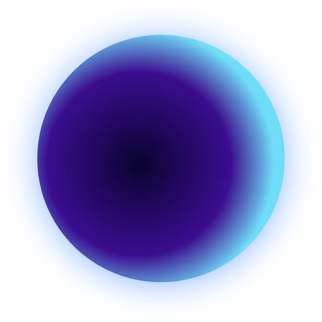 Glowing sphere with a gradient from deep purple center to bright cyan edges, surrounded by a soft blue halo.