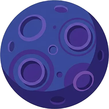 Illustration of a blue and purple moon with multiple craters.