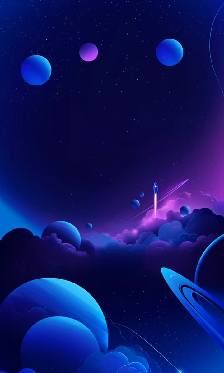 Digital illustration of a rocket launching into a vibrant purple and blue space filled with planets and stars.