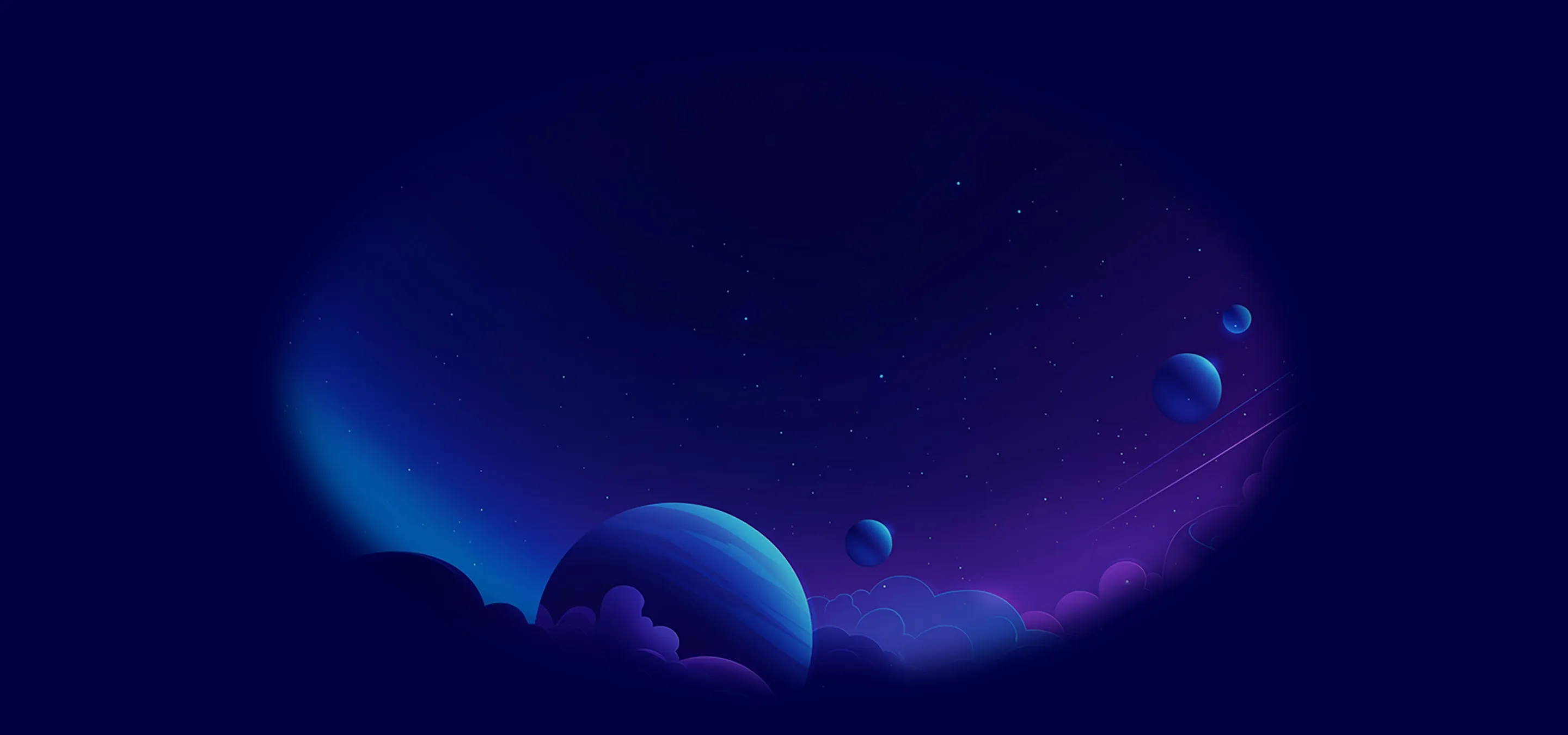 Digital illustration of a deep space scene with multiple blue planets and a starry background above purple clouds.