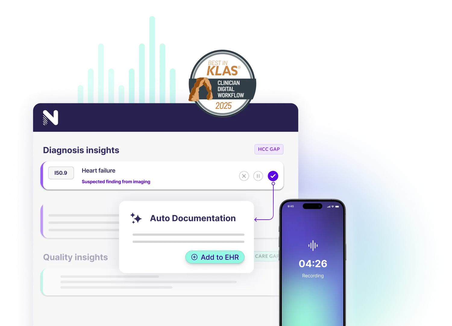Digital interface showing diagnosis insight for heart failure with option for auto documentation and a smartphone screen recording audio at 4 minutes and 26 seconds.