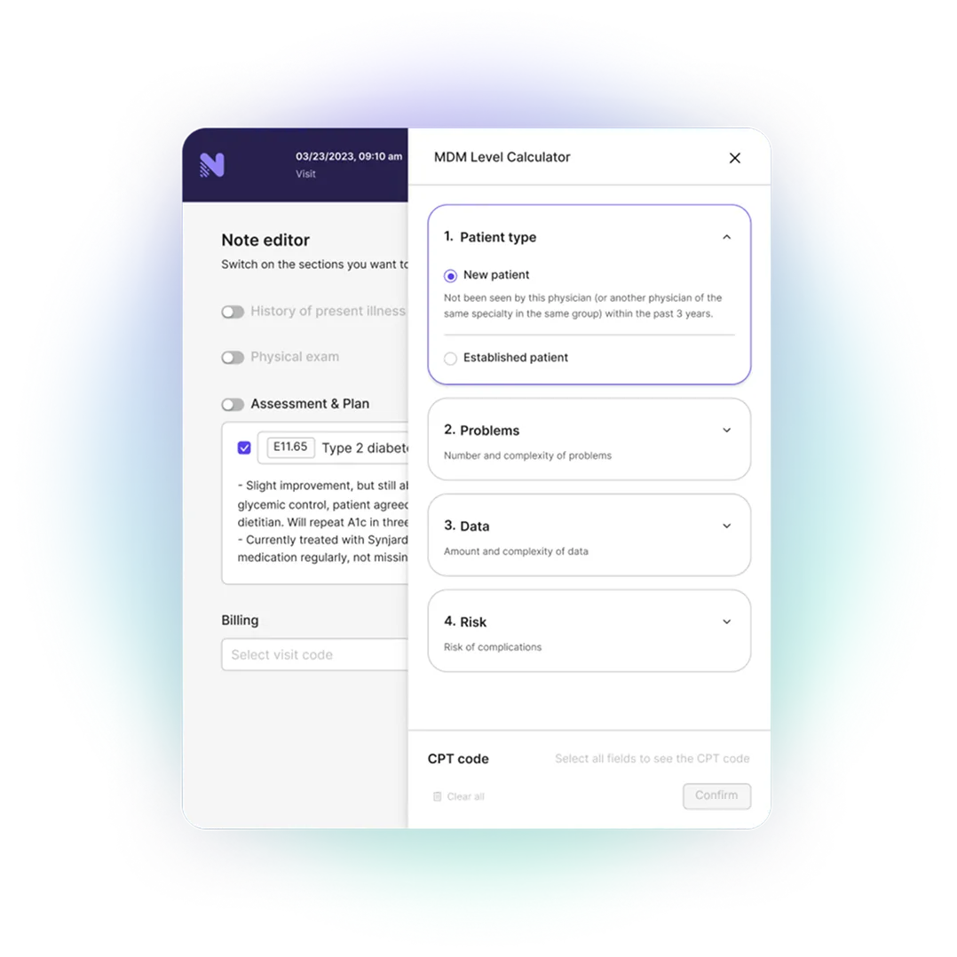 Medical note editor with MDM level calculator for patient type, problems, data, and risk selections.