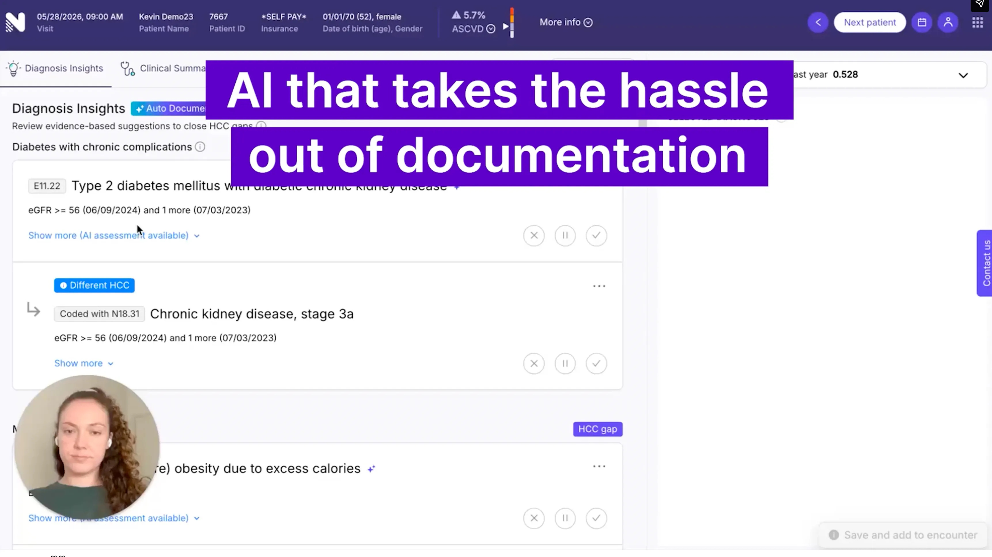 Medical software interface showing AI-assisted diagnosis insights for diabetes and kidney disease documentation.