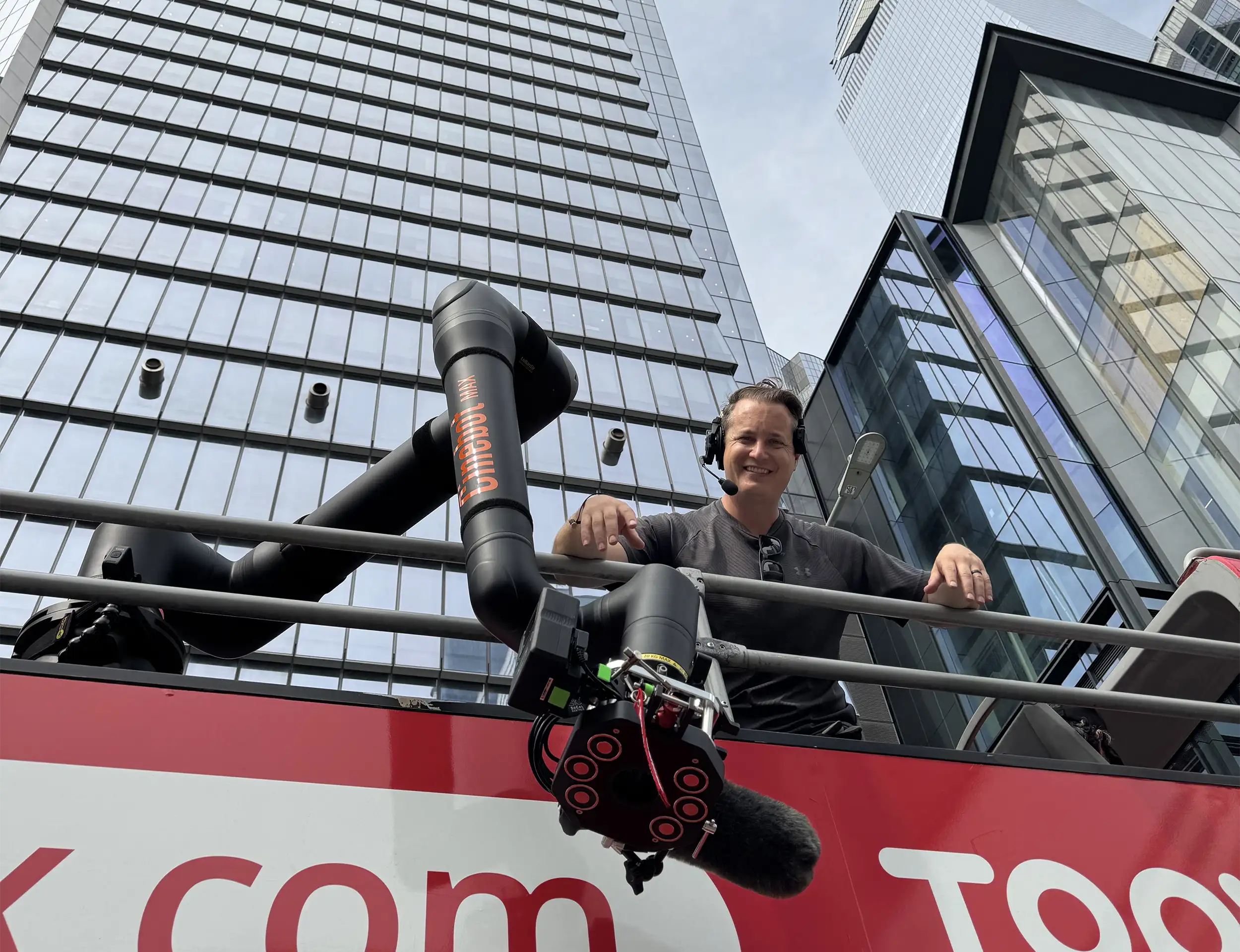 Mocolab managing partner Mike Greenberg on location with the MRMC Cinebot Max for a Netflix special featuring a celebrity musician. The robot is rigged on top of a double decker tour bus in New York City.