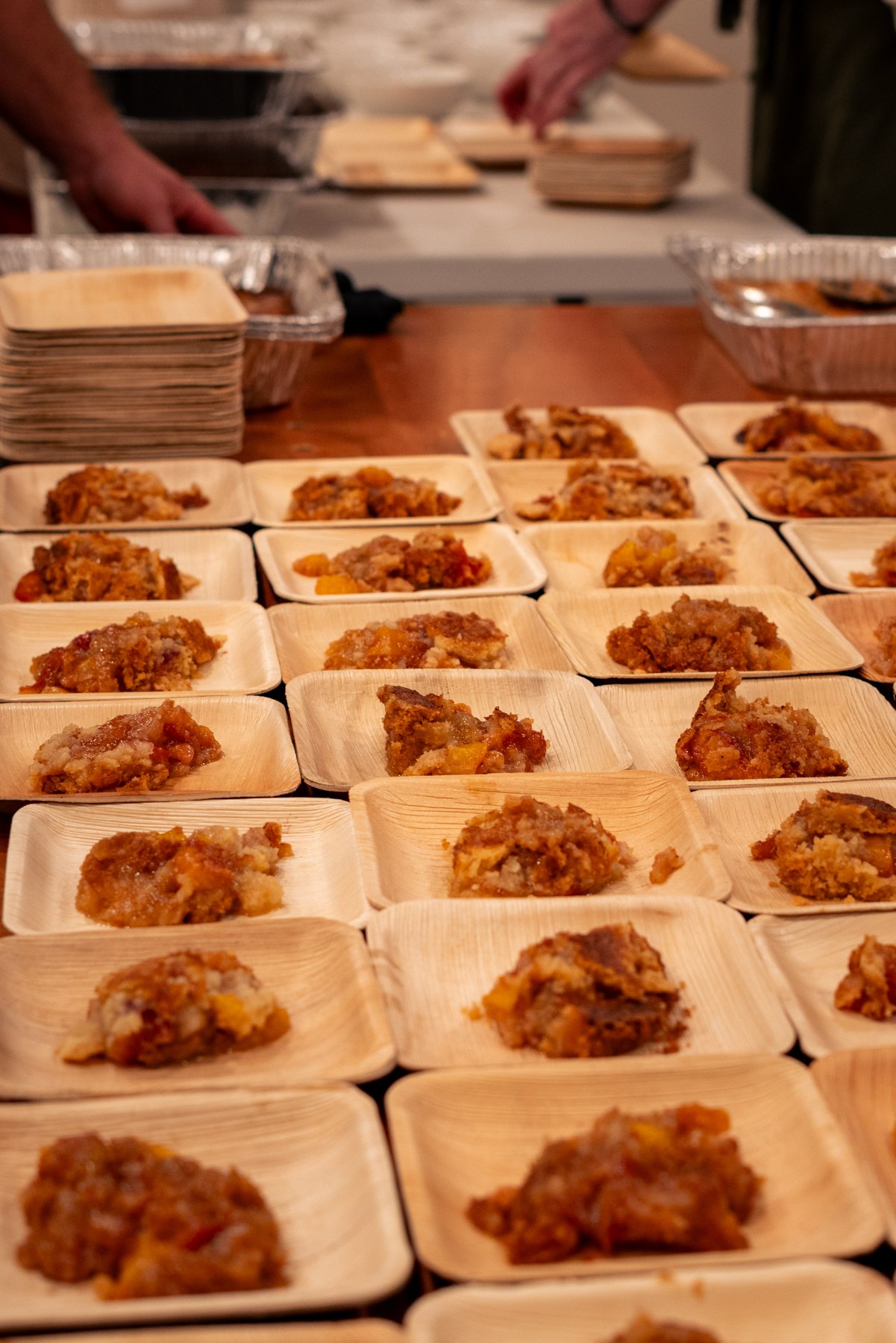 Peach cobbler portions ready to serve at Barbecue & Bourbon