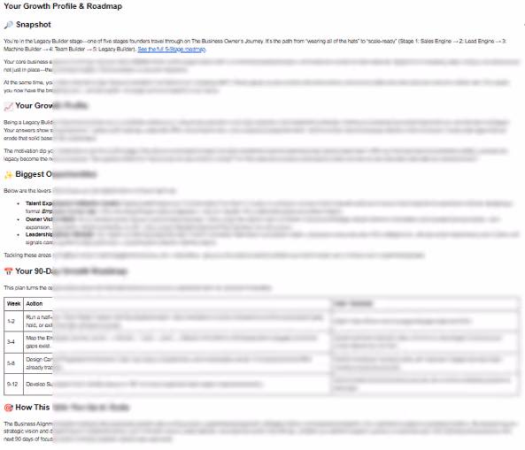 Sample 90-Day Business Growth Roadmap with week-by-week action plan and top opportunities
