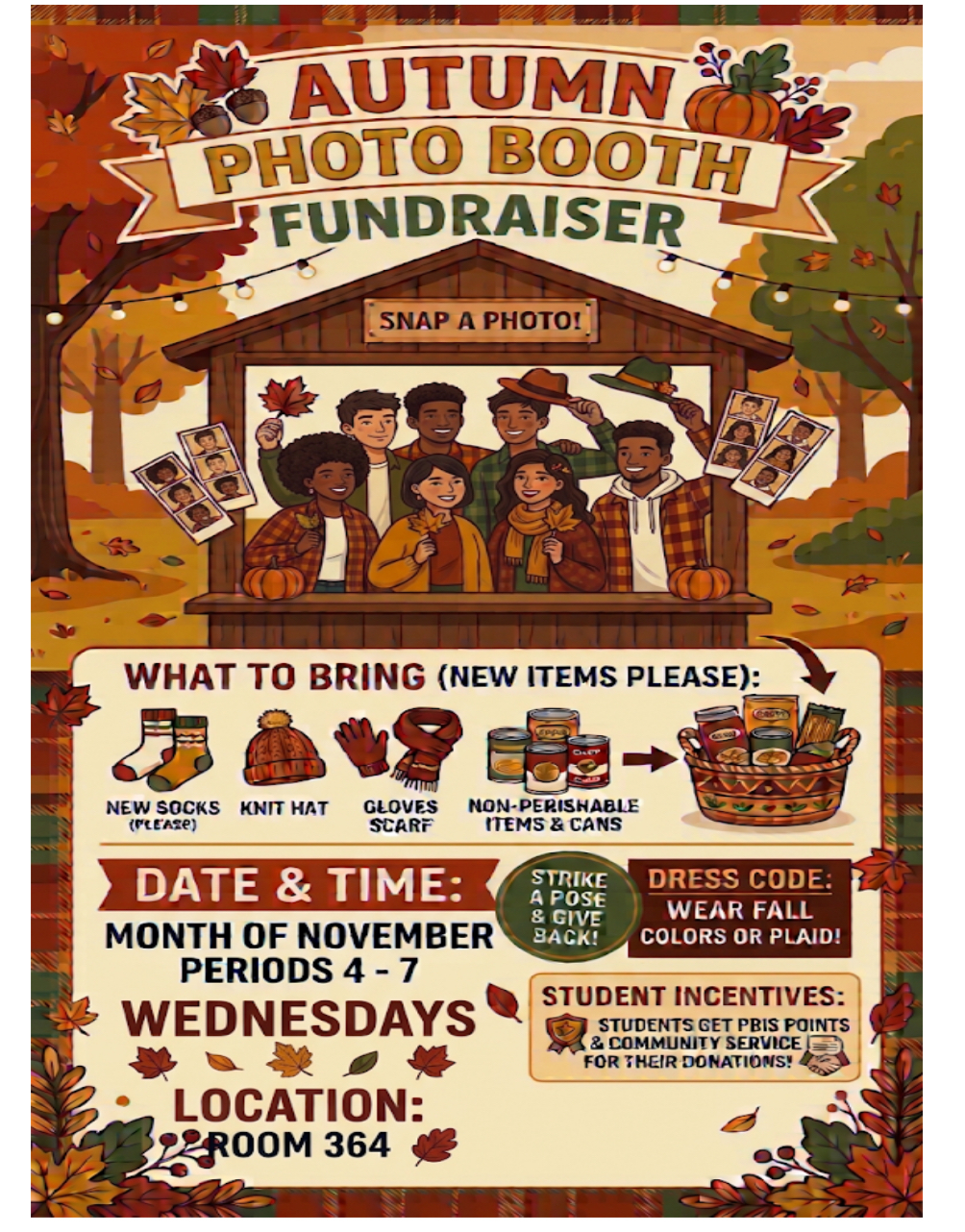 Hillcrest Autumn Photo Booth Fundraiser flyer, Wednesdays in November, Room 364