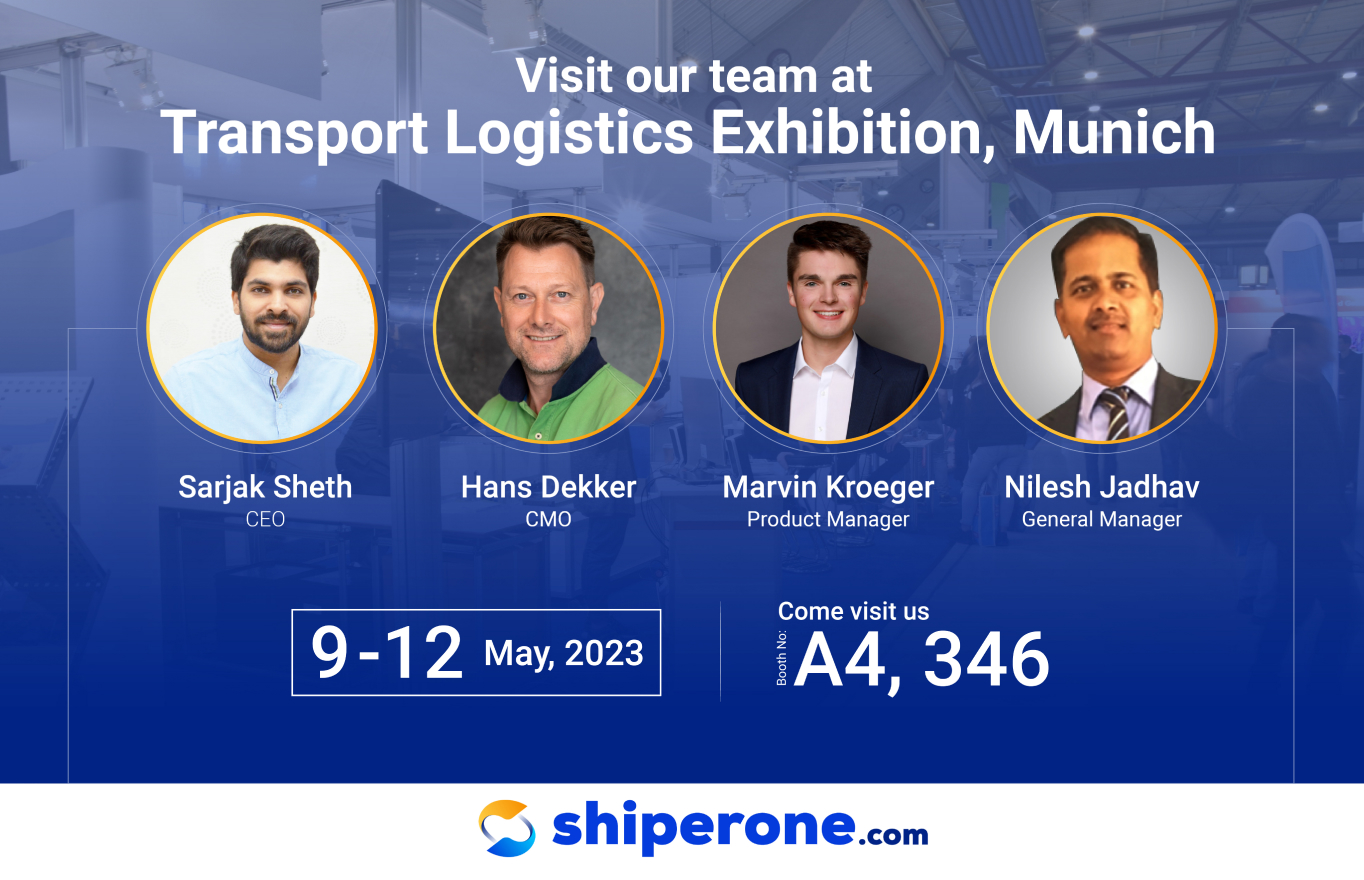 Banner image for the Transpot Logistics Exhibition in Munich, on which are 4 profile pictures of Sarjak Sheth, Hans Dekker, Marvin Kroeger and Nilesh Jadhav.
