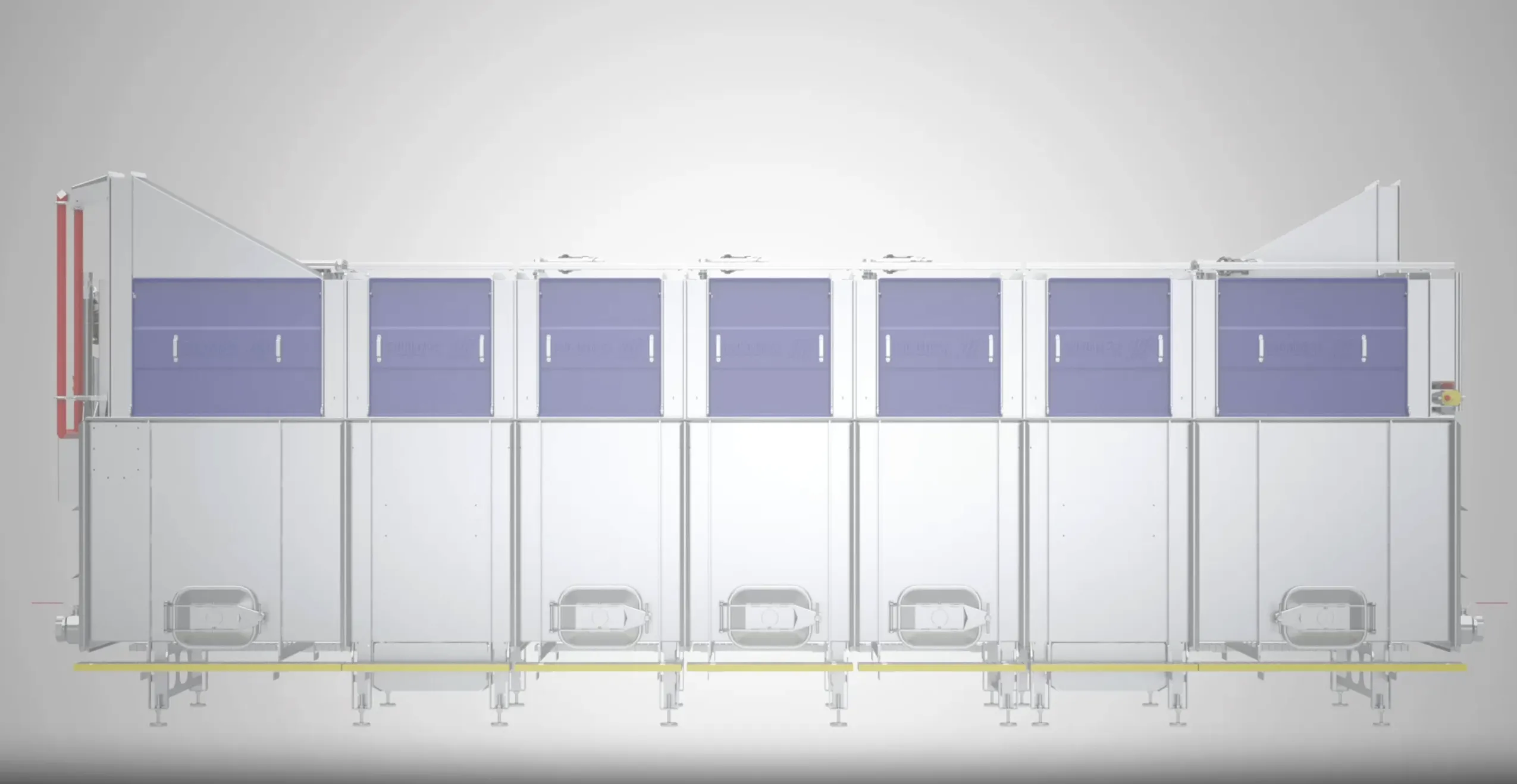 Large industrial machine with multiple white panels and blue doors, standing on adjustable legs.