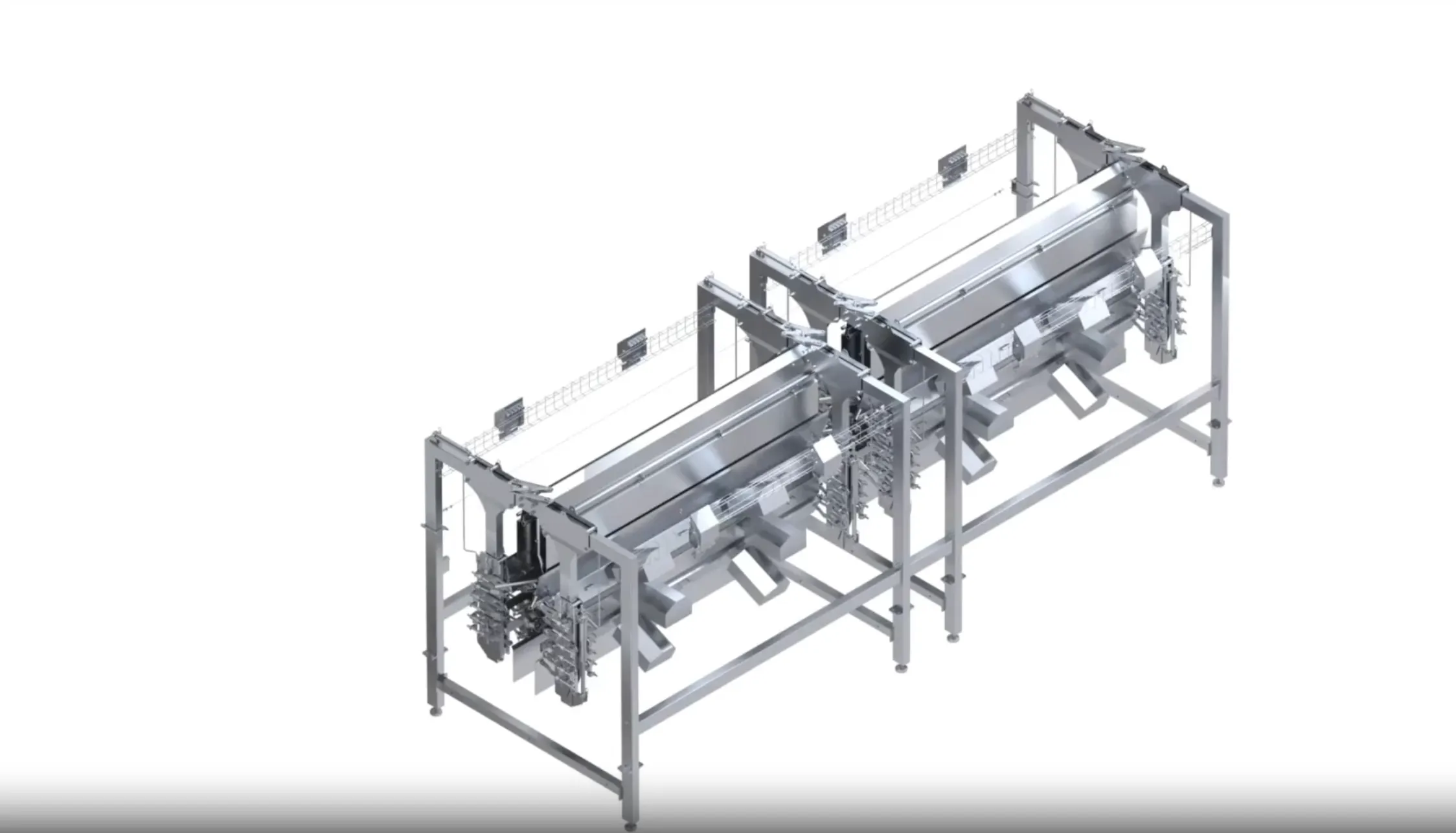 Industrial stainless steel tunnel picker machine with dual parallel conveyor systems on a metal frame.