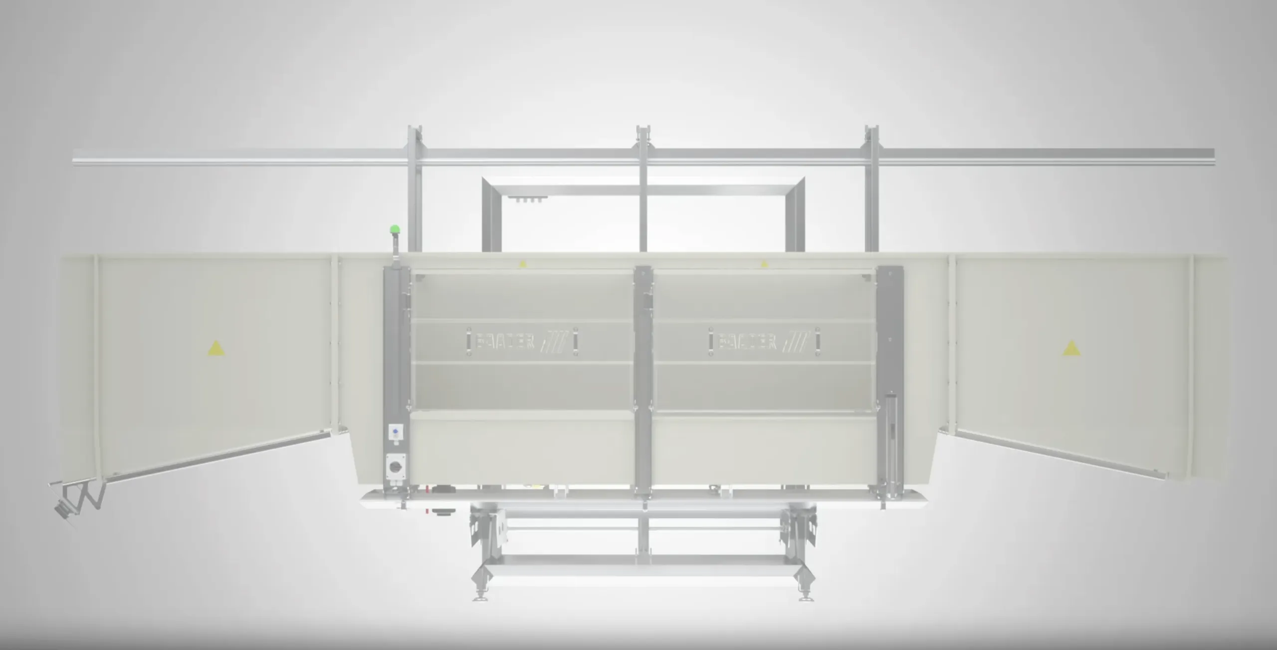 Industrial water door barrier with two central panels and two angled side wings on a metal frame.