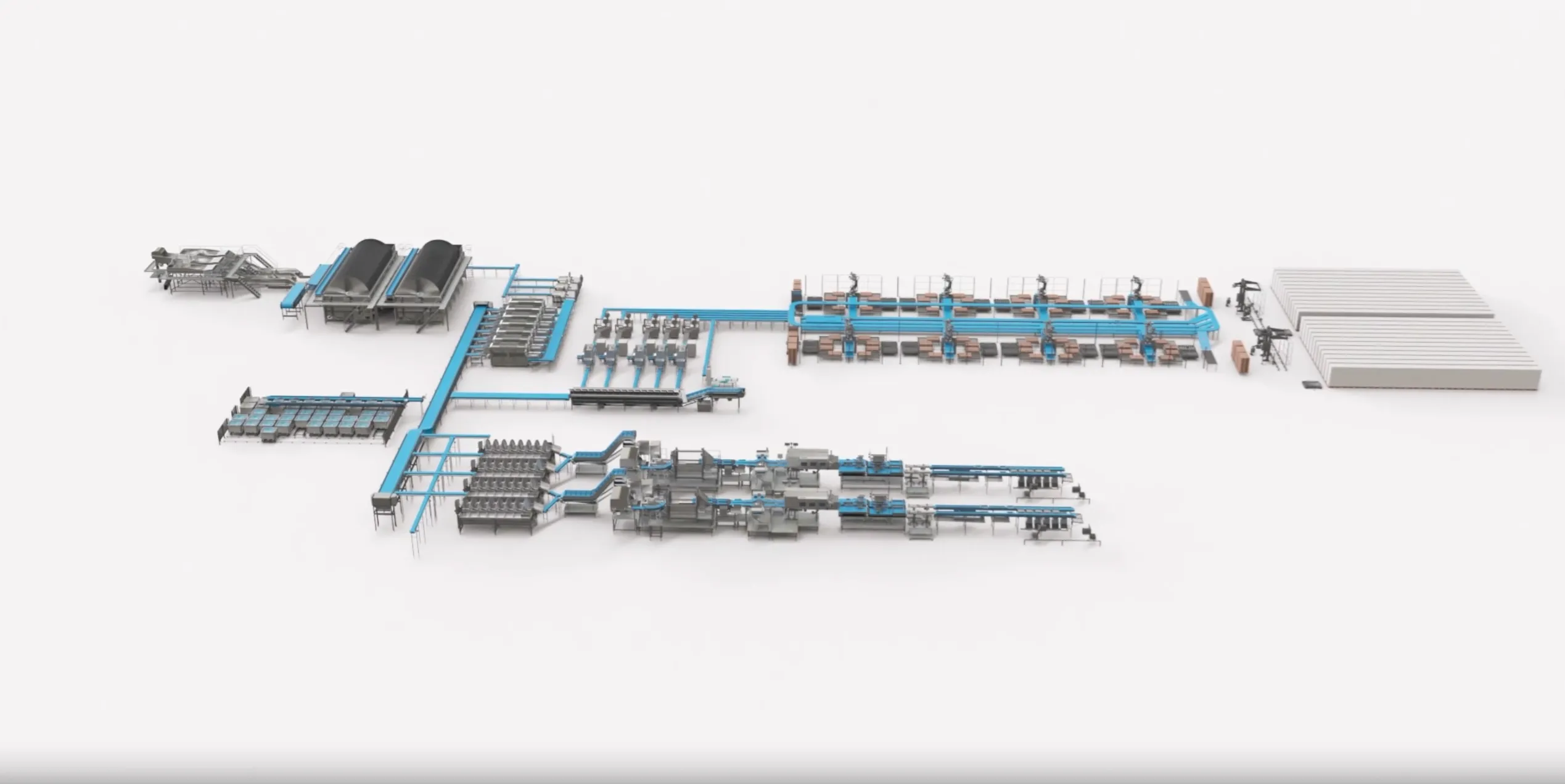 3D rendering of an industrial production line with connected machines and conveyors.