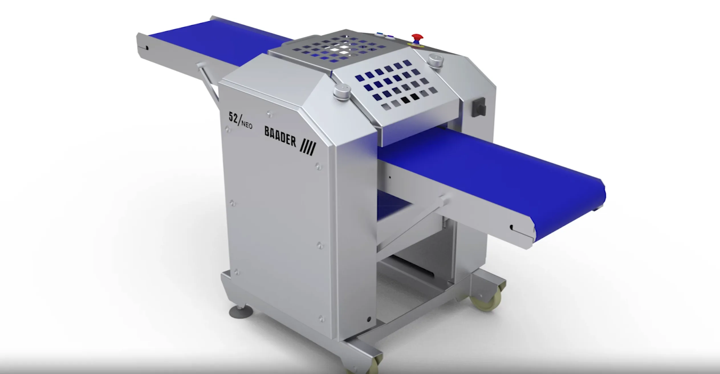 Industrial Baader 52 Neo stainless steel machine with blue conveyor belts on both ends.