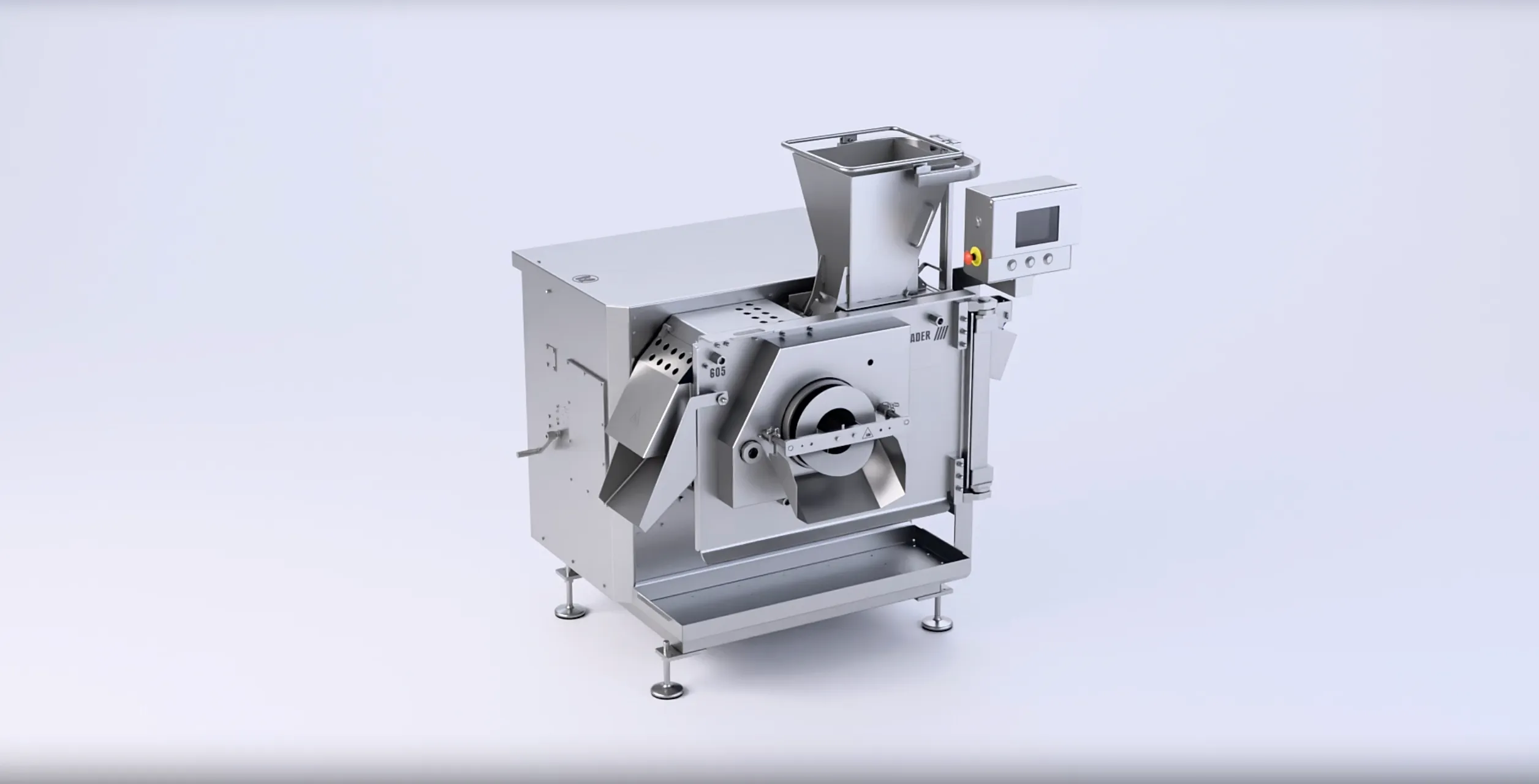 Industrial stainless steel machine with a hopper and control panel on the right side.