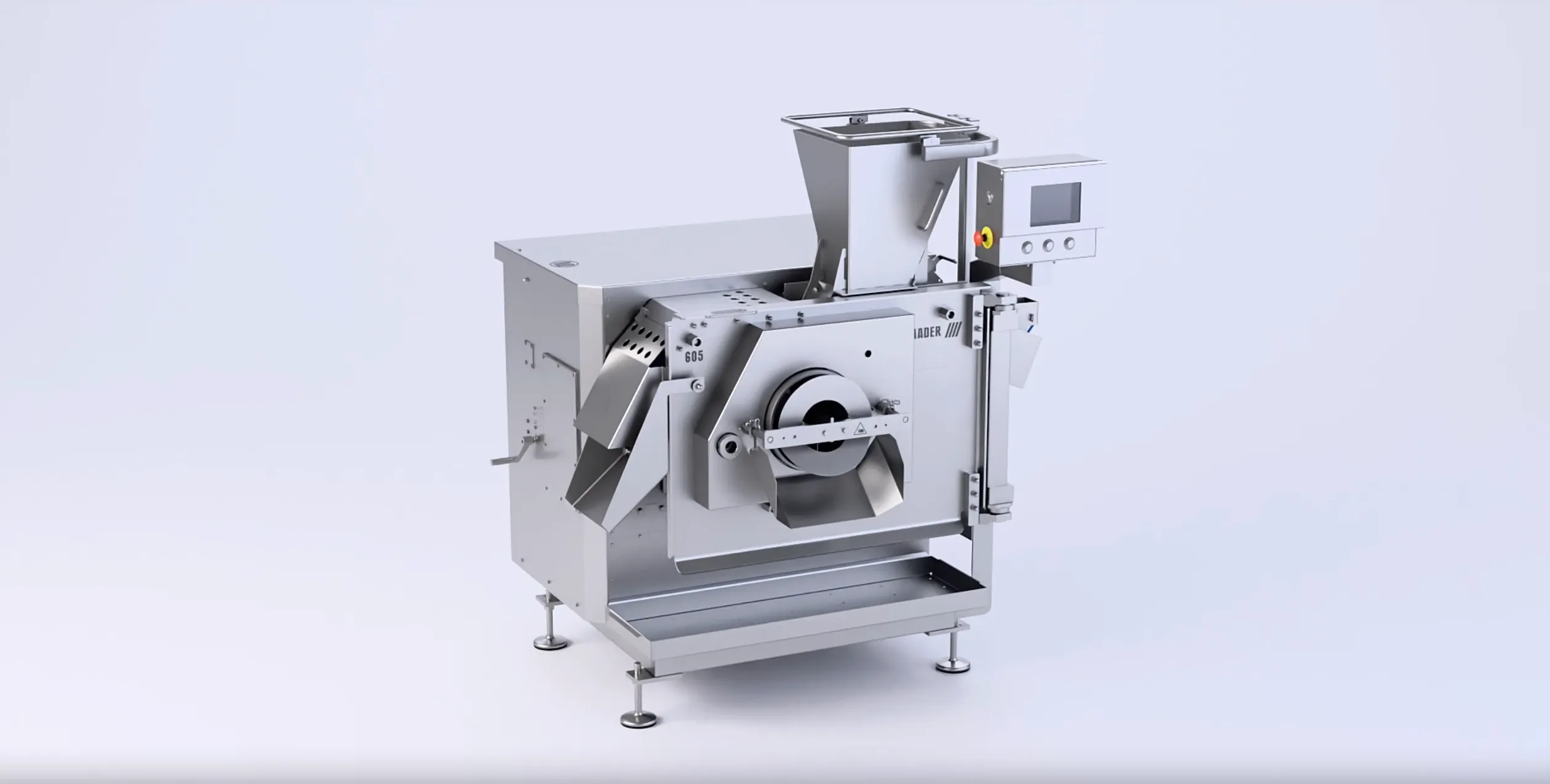 Industrial stainless steel machine with a hopper and control panel, used for food processing or packaging.