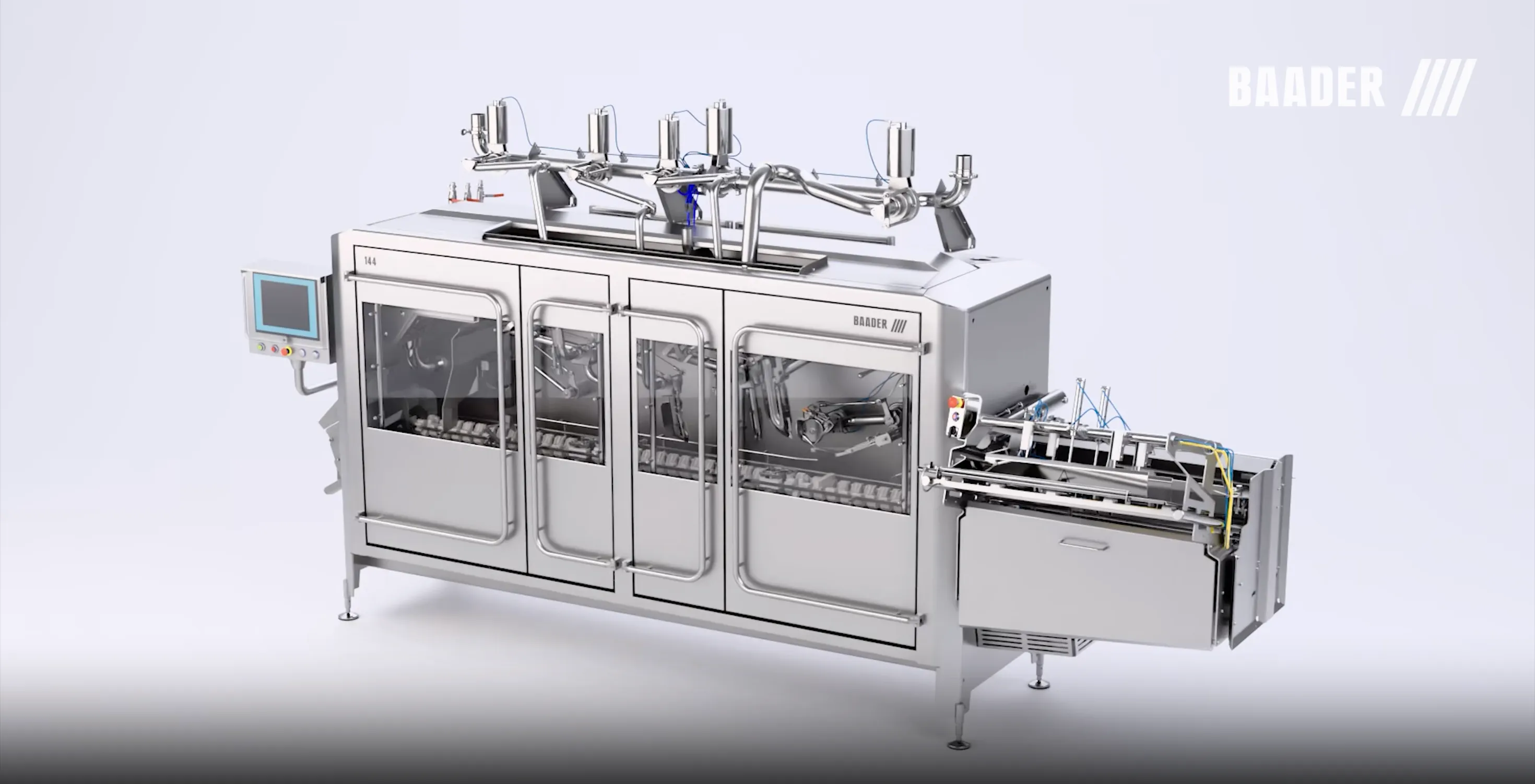 Stainless steel automated industrial packaging machine with control panel and multiple processing components.