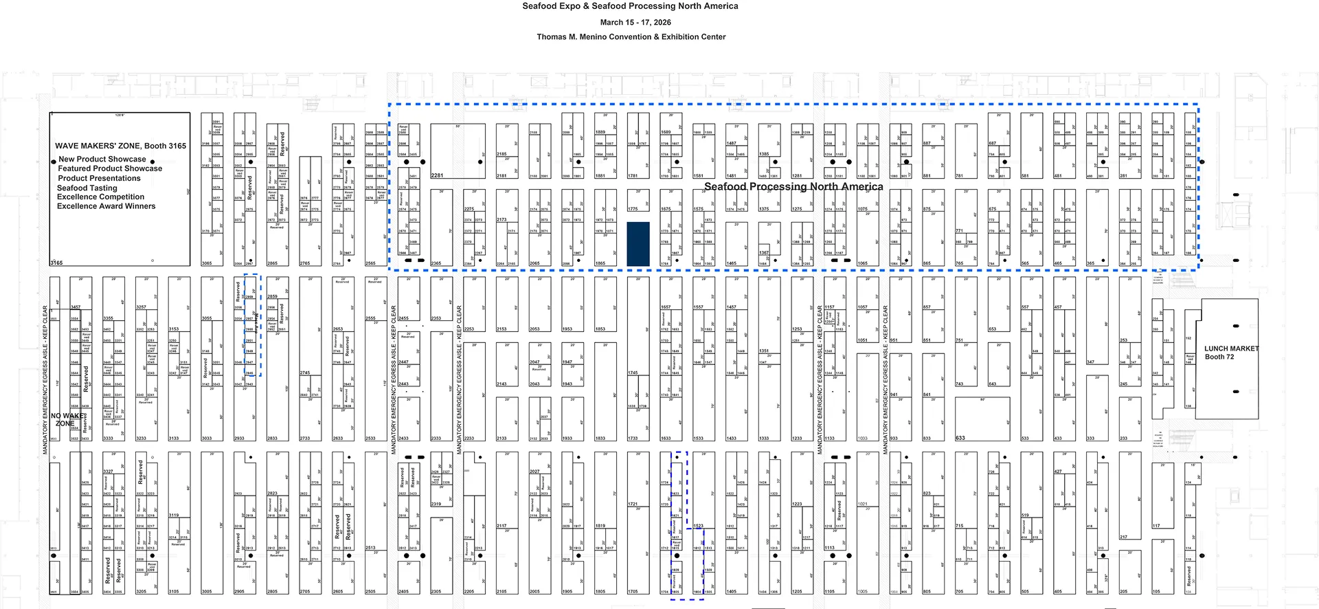 Floor plan of Seafood Expo & Seafood Processing North America 2026 at Thomas M. Menino Convention & Exhibition Center showing booth layouts, including Wave Makers' Zone at booth 3165 and Lunch Market at booth 72, with marked zones and emergency egress aisles.