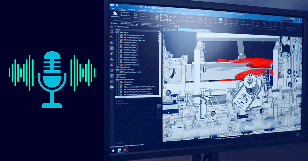 Computer screen displaying 3D CAD software with a mechanical design and red highlighted parts next to a blue microphone icon with sound waves.