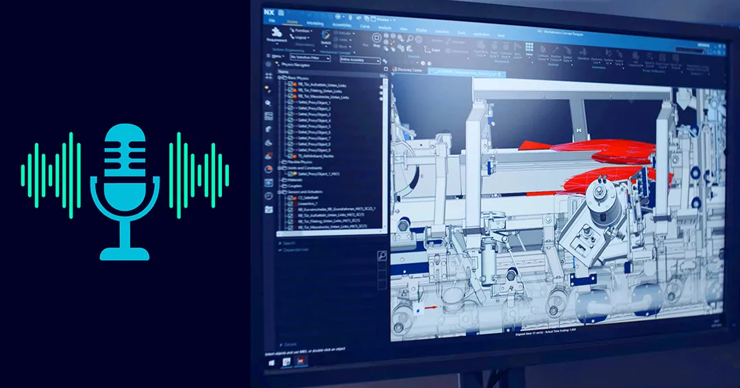 Computer screen displaying 3D CAD software with a mechanical design and red highlighted parts next to a blue microphone icon with sound waves.